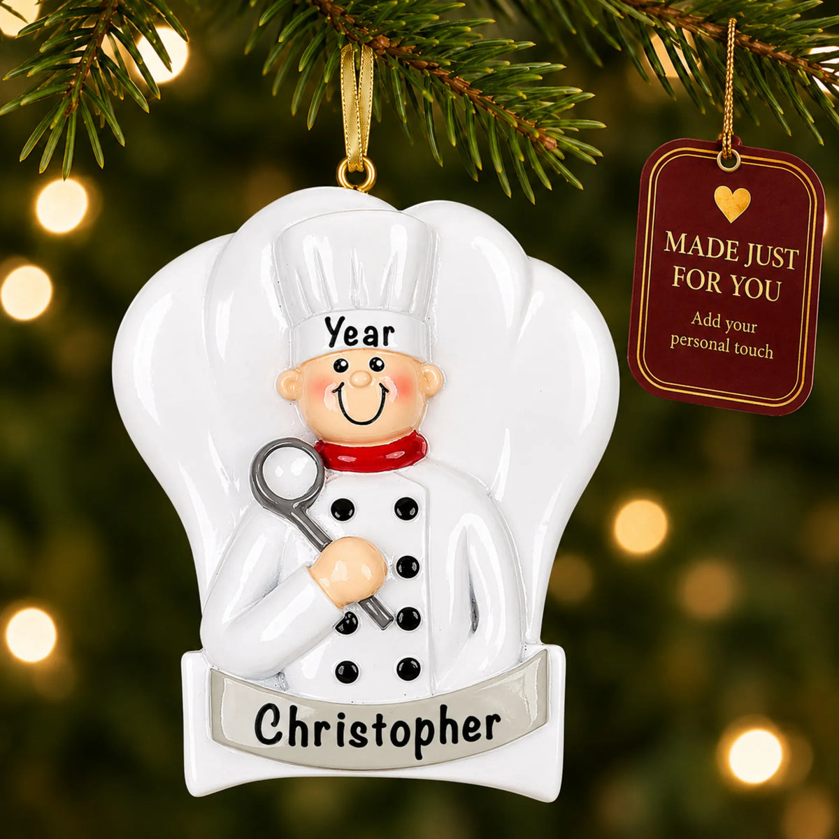 Chef cooking christmas ornament hanging on a lit Christmas tree with a Made Just For You gift tag