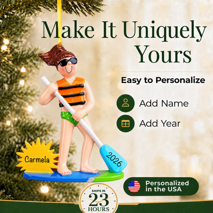 Make it yours: add name and year to the personalized paddle board girl christmas ornament