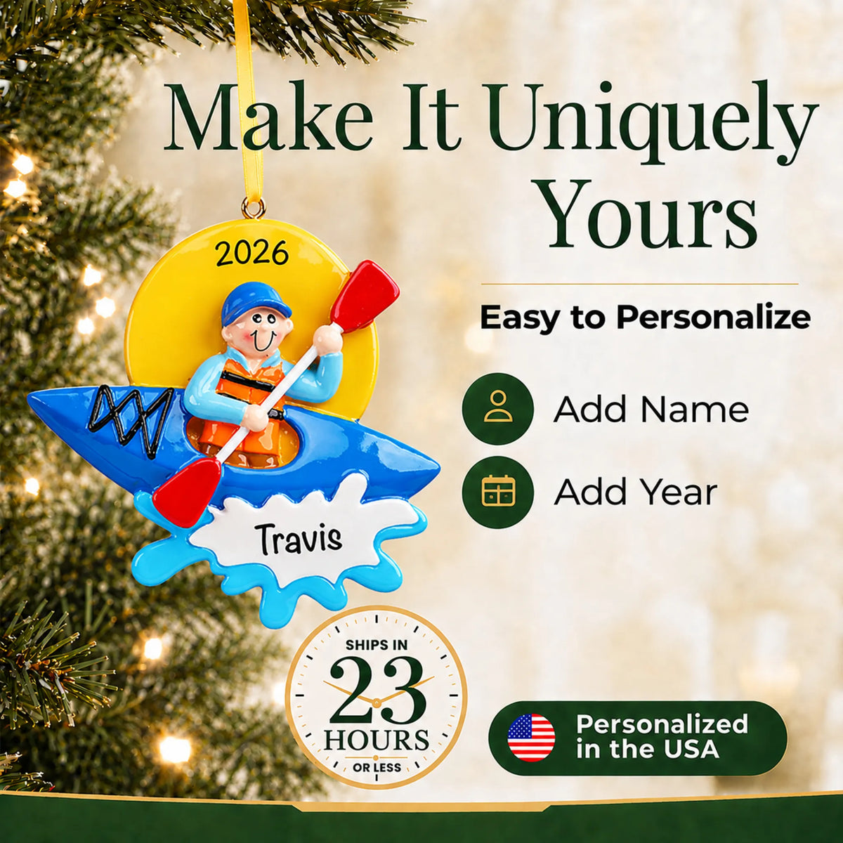 Make it yours: add name and year to the personalized kayak guy christmas ornament