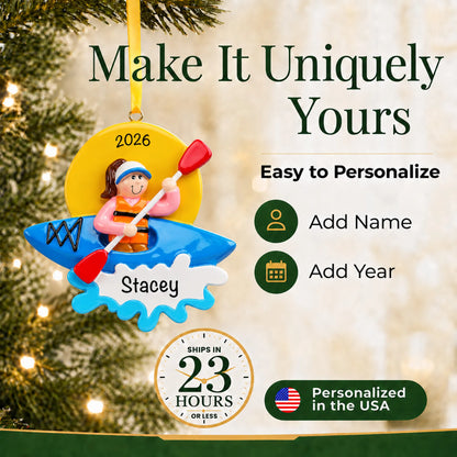 Make it yours: add name and year to the personalized kayak girl christmas ornament