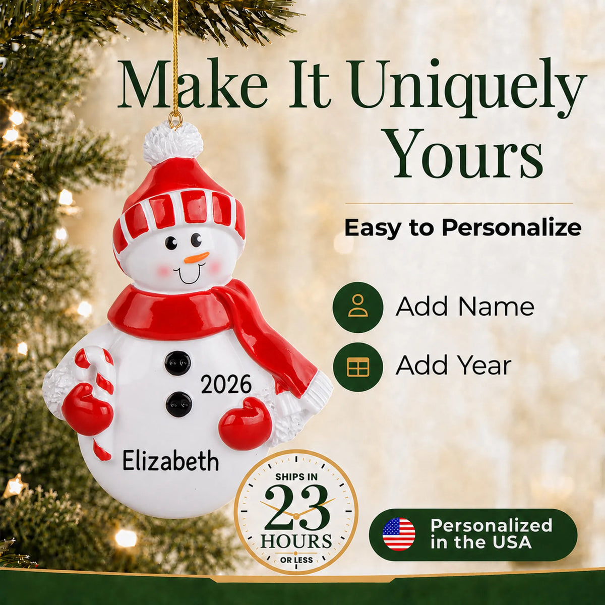 Make it yours: personalize the Snowman Red Hat christmas ornament with a name and the year