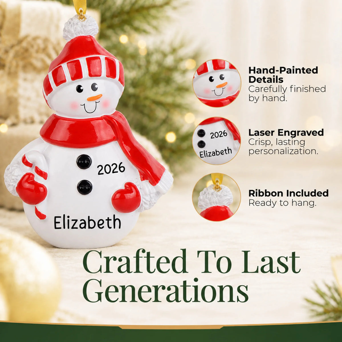 Hand-painted, laser engraved Snowman Red Hat christmas ornament, ribbon included