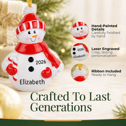 Hand-painted, laser engraved Snowman Red Hat christmas ornament, ribbon included