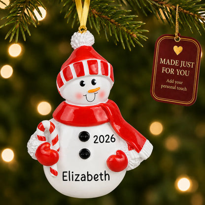 Snowman Red Hat christmas ornament hanging on a lit Christmas tree with a Made Just For You gift tag
