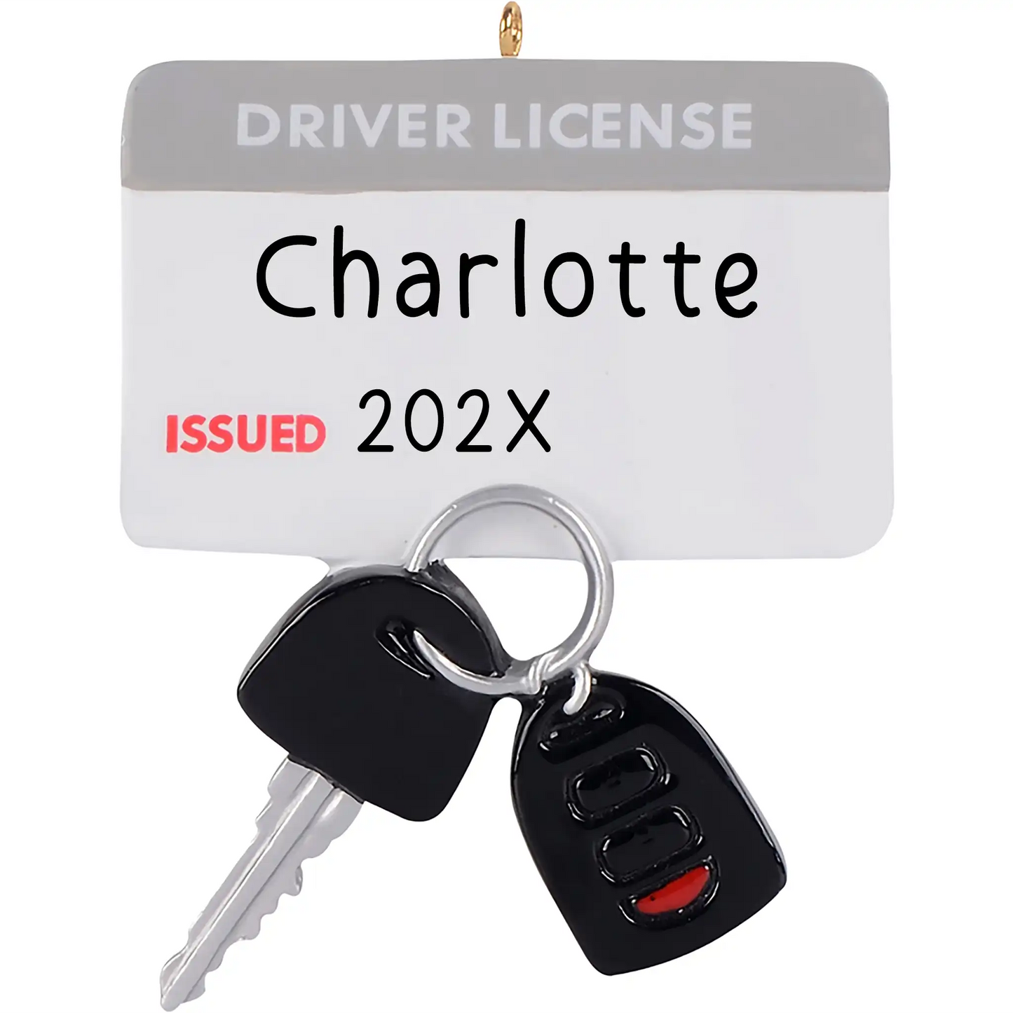 Personalized new driver ornament shaped like a driver’s license with key charms, laser engraved with name and year.