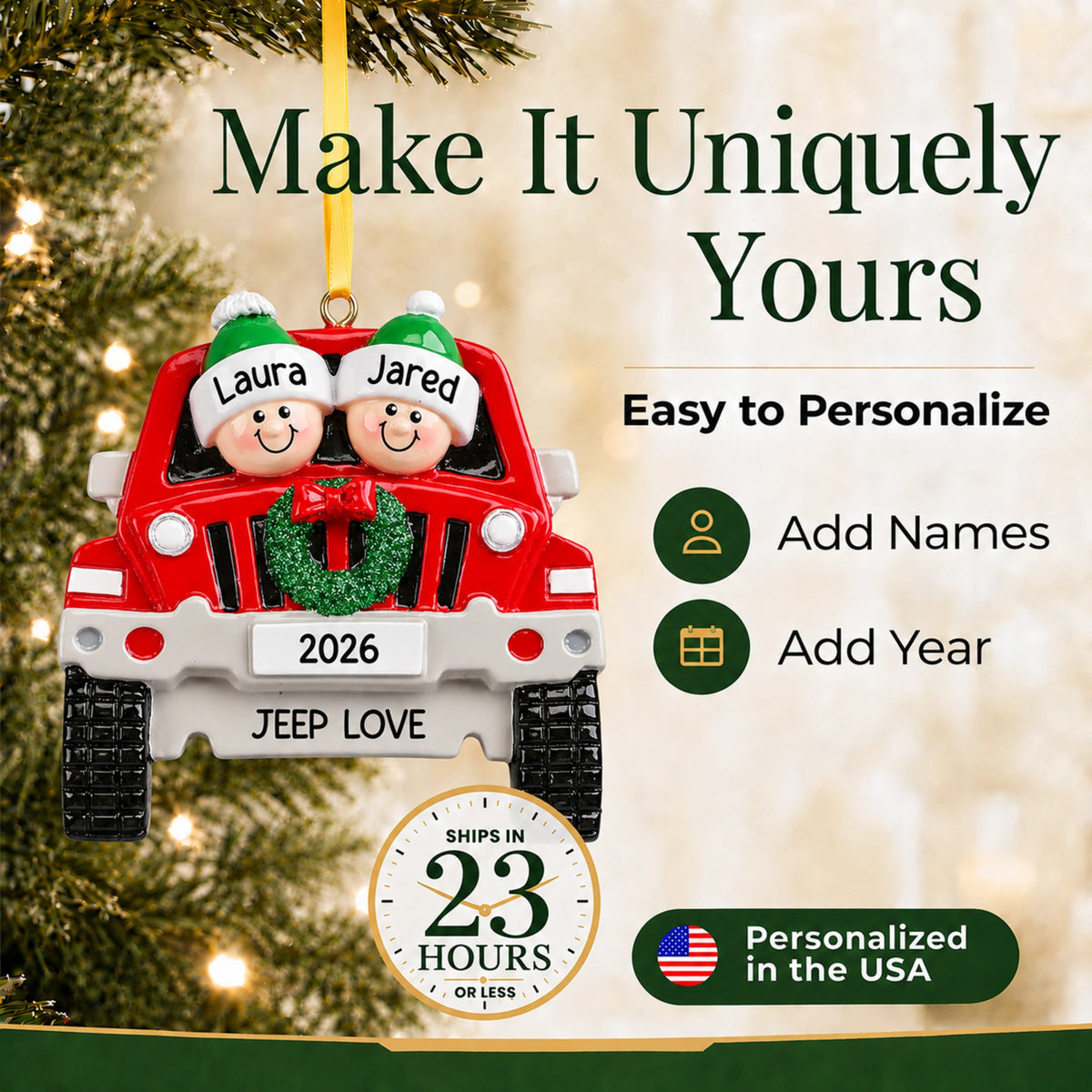 Make It Uniquely Yours: personalize the SUV couple christmas ornament with both names and the year