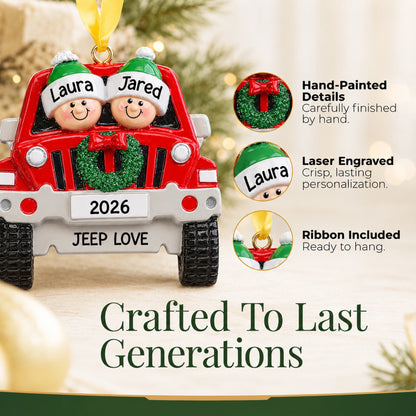 Crafted to last generations, hand-painted and laser-engraved SUV couple ornament with ribbon included