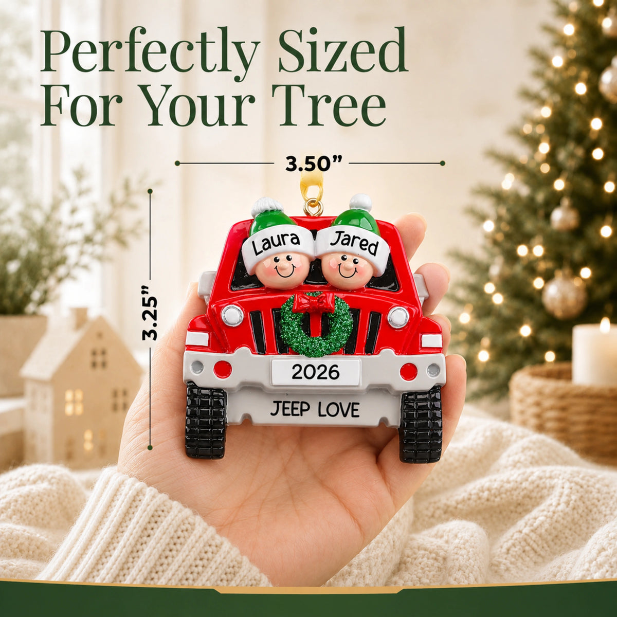 Perfectly sized at 3.50 by 3.25 inches, SUV couple personalized christmas ornament held in hand