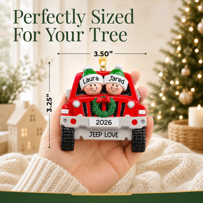 Perfectly sized at 3.50 by 3.25 inches, SUV couple personalized christmas ornament held in hand