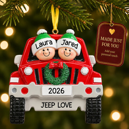 Personalized SUV couple christmas ornament on a tree with a Made Just For You gift tag