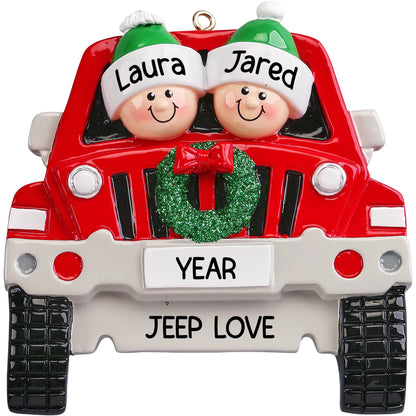 Personalized SUV couple Christmas ornament, a red SUV with two names, the year and a custom message