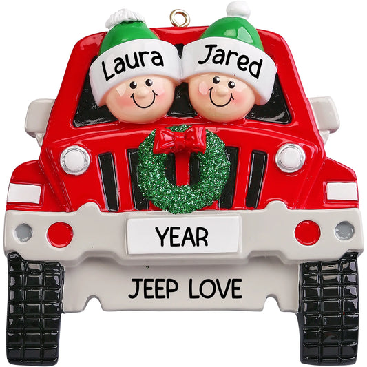 Personalized SUV couple Christmas ornament, a red SUV with two names, the year and a custom message