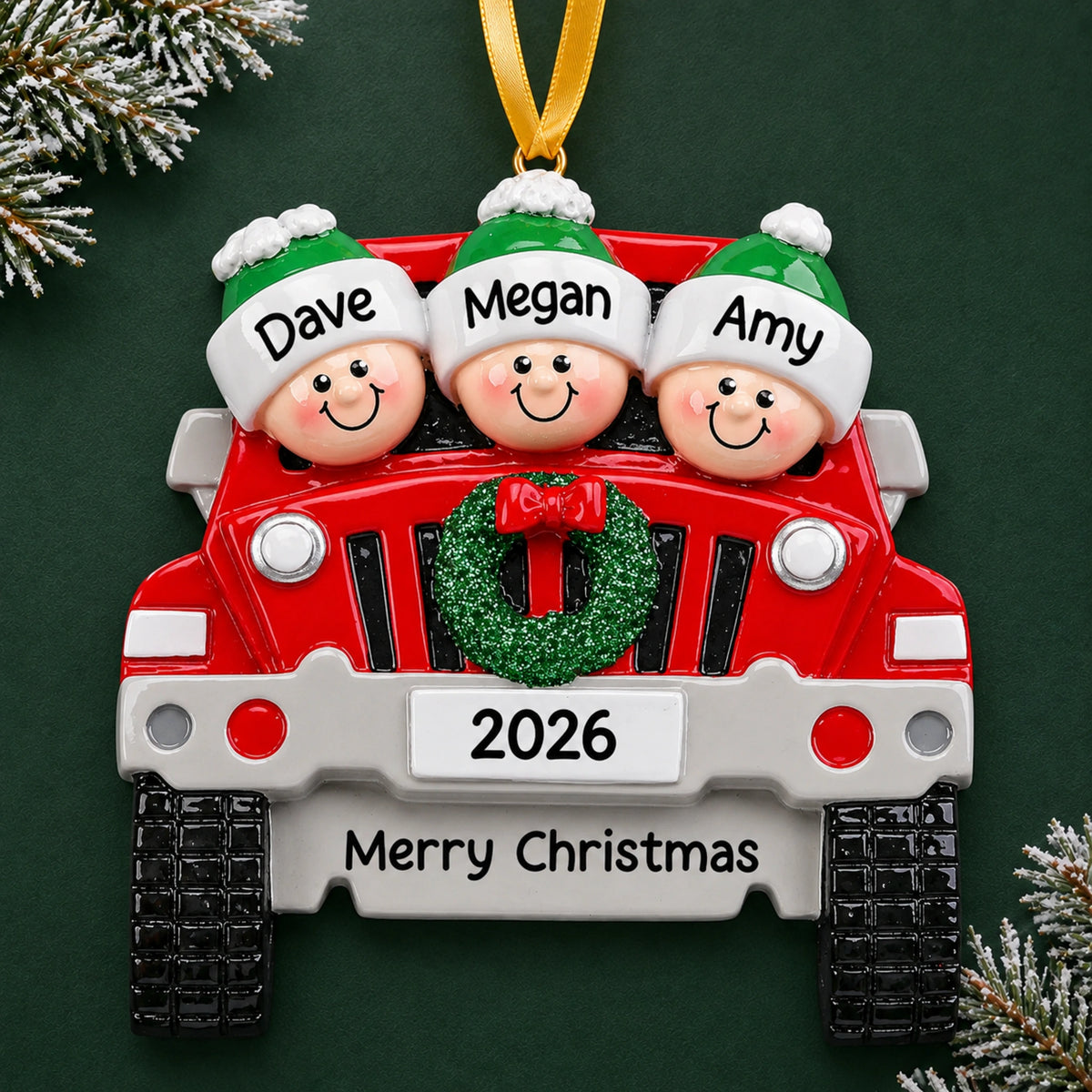 Personalized red SUV family of 3 Christmas ornament with names on hats and Merry Christmas plate
