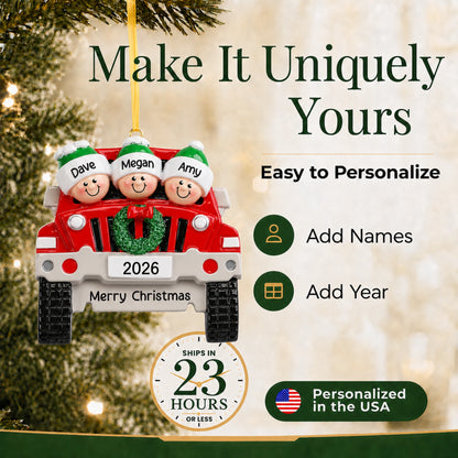 SUV family of 3 personalized Christmas ornament, easy to add names and year
