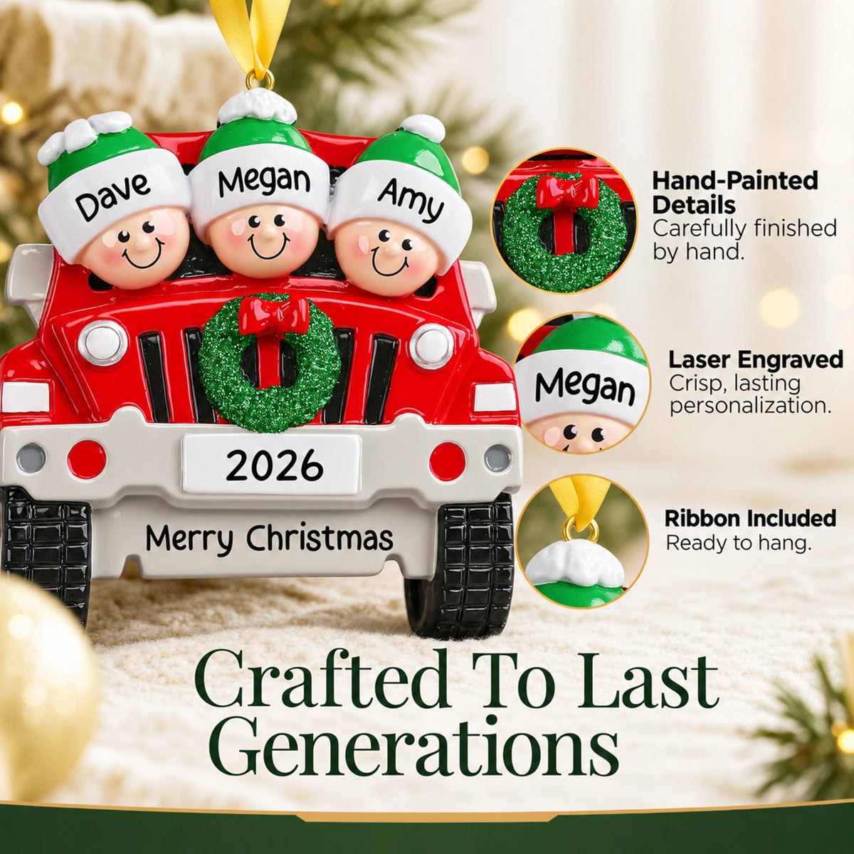 Hand-painted, laser-engraved SUV family of 3 ornament crafted to last generations