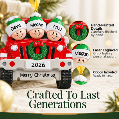 Hand-painted, laser-engraved SUV family of 3 ornament crafted to last generations