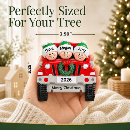 Hand holding SUV family of 3 ornament, 3.5 by 3.25 inches, perfectly sized for your tree