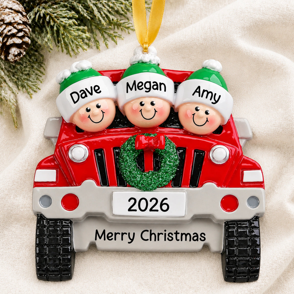 Personalized SUV family of 3 Christmas ornament with names on a soft blanket