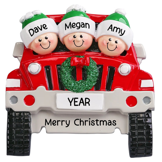 Personalized SUV family of 3 Christmas ornament, a red SUV with three names, the year and a greeting