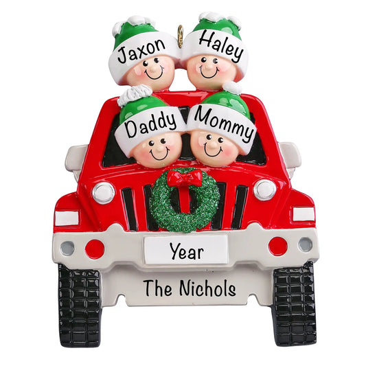 SUV Family of 4 Christmas Ornament