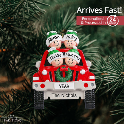 SUV Family of 4 Christmas Ornament