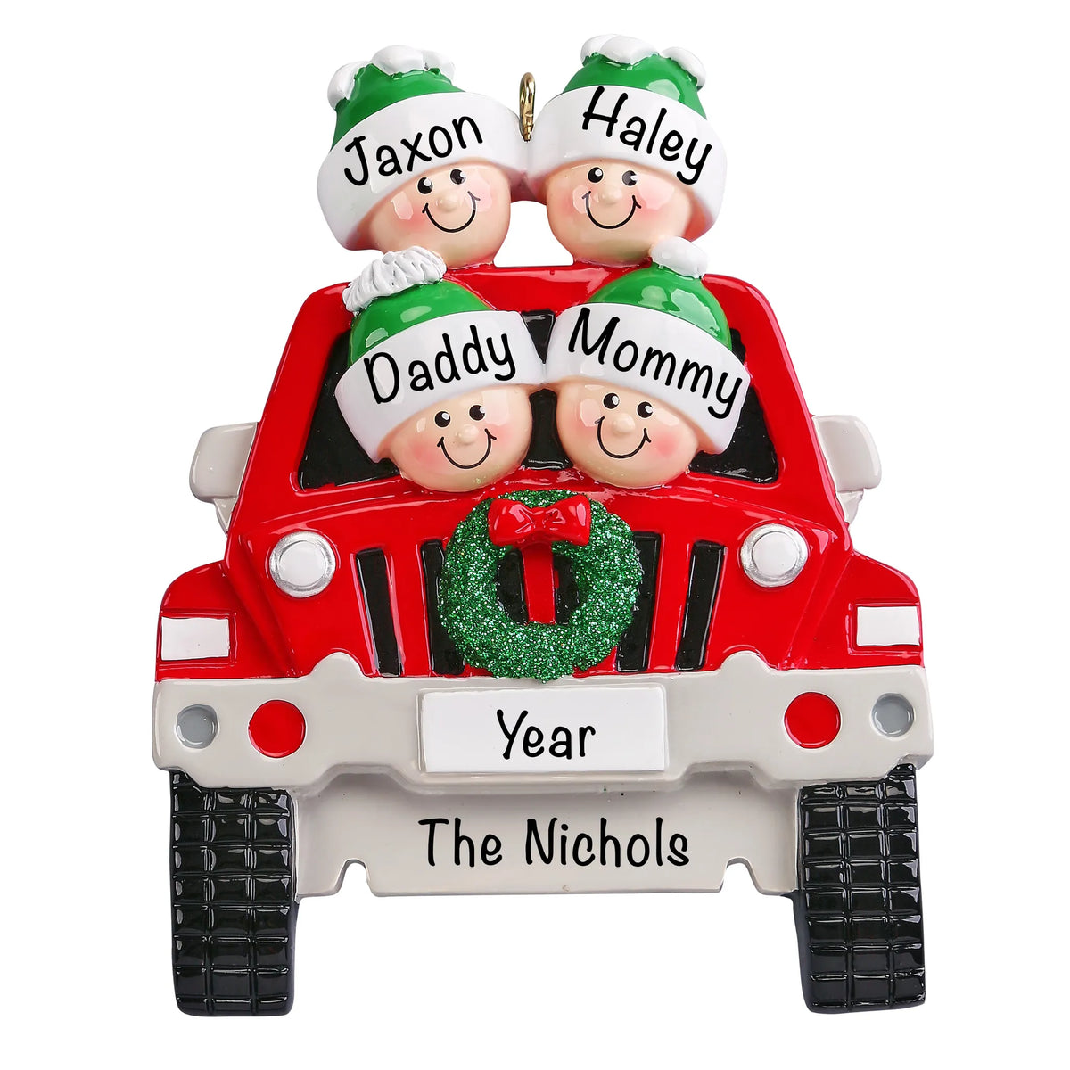 Personalized suv family of 4 christmas ornament with names