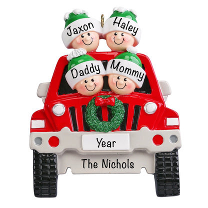 Personalized suv family of 4 christmas ornament with names
