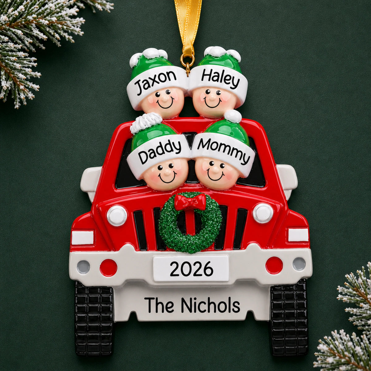 Personalized red SUV family of 4 Christmas ornament with names on hats and 2026 license plate
