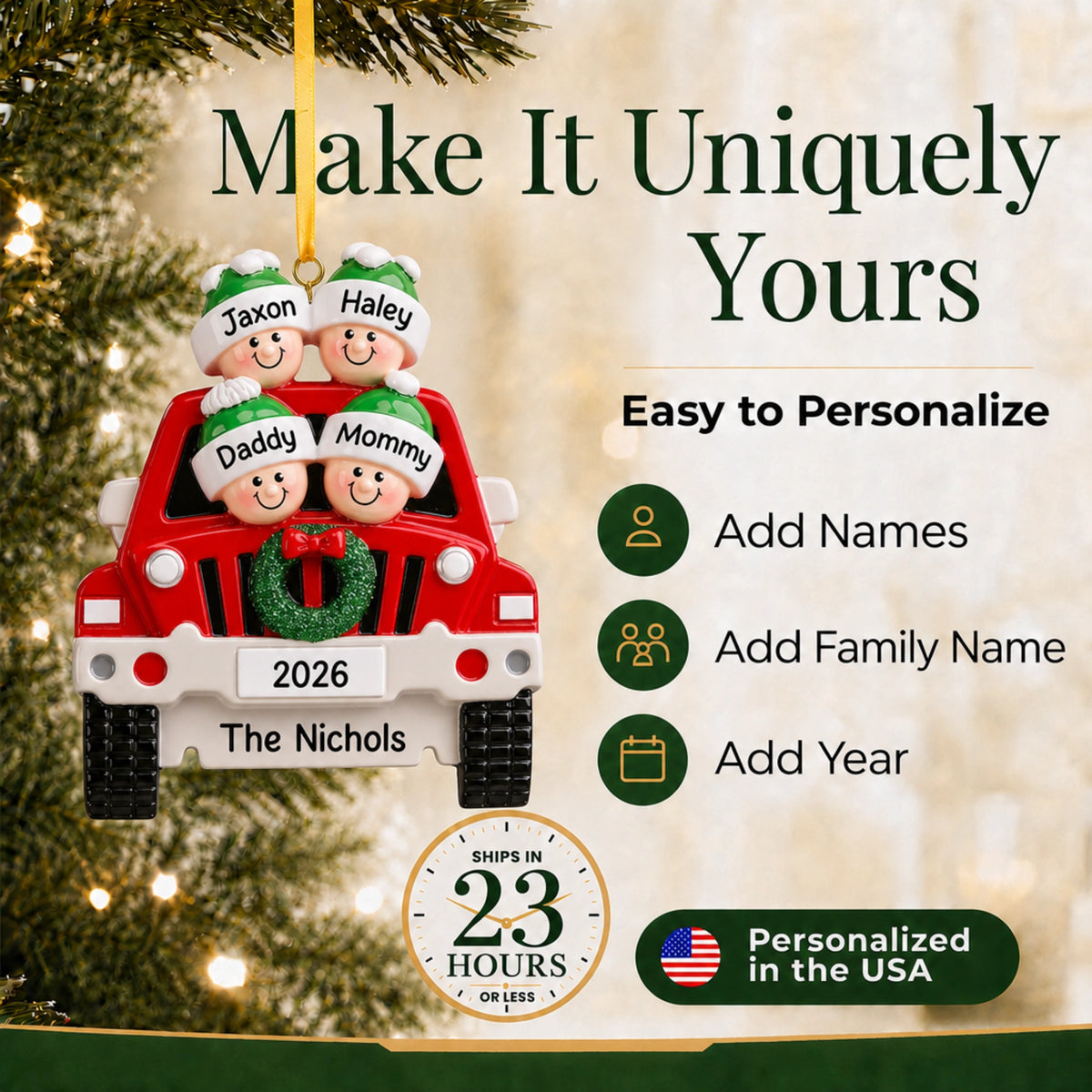 SUV family of 4 personalized Christmas ornament, easy to add names, family name and year