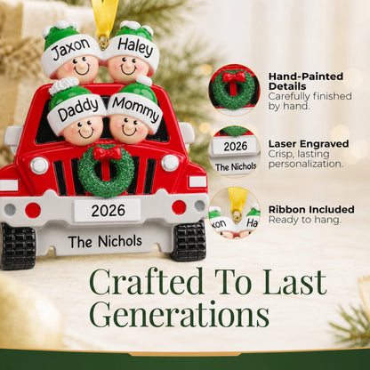 Hand-painted, laser-engraved SUV family of 4 ornament crafted to last generations