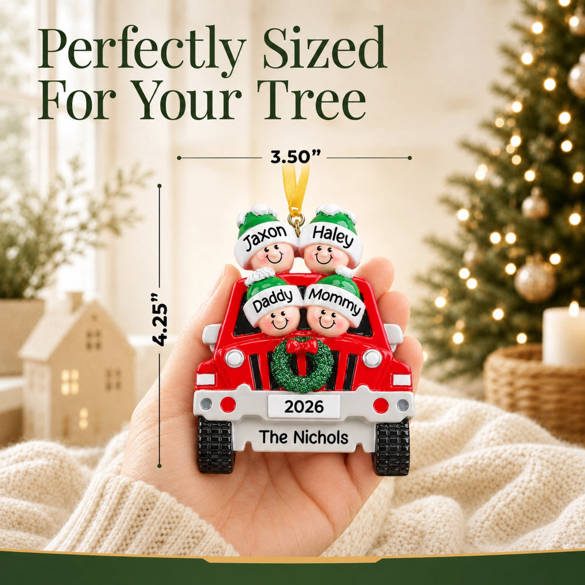 Hand holding SUV family of 4 ornament, 4.25 by 3.5 inches, perfectly sized for your tree