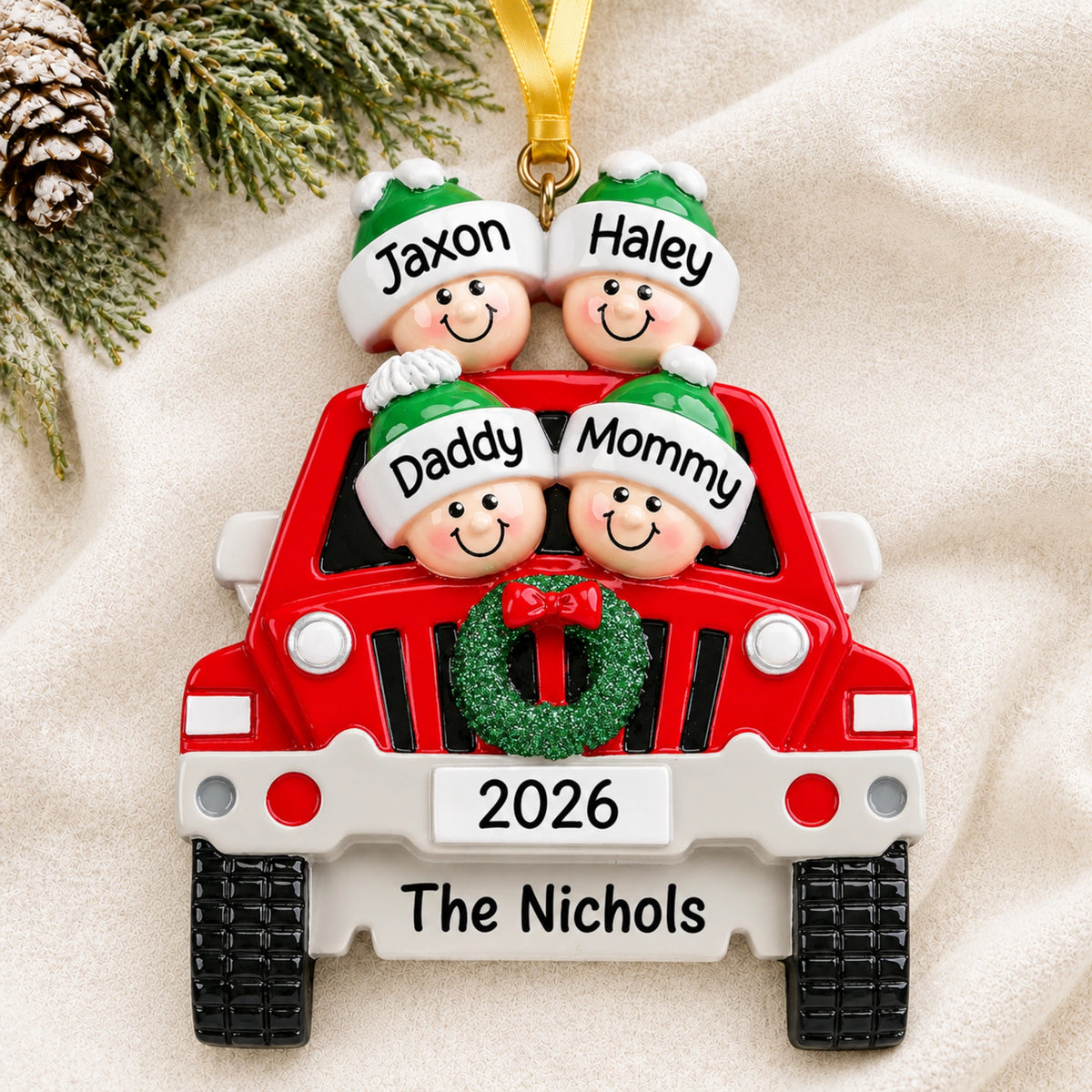 Personalized SUV family of 4 Christmas ornament with names on a soft blanket