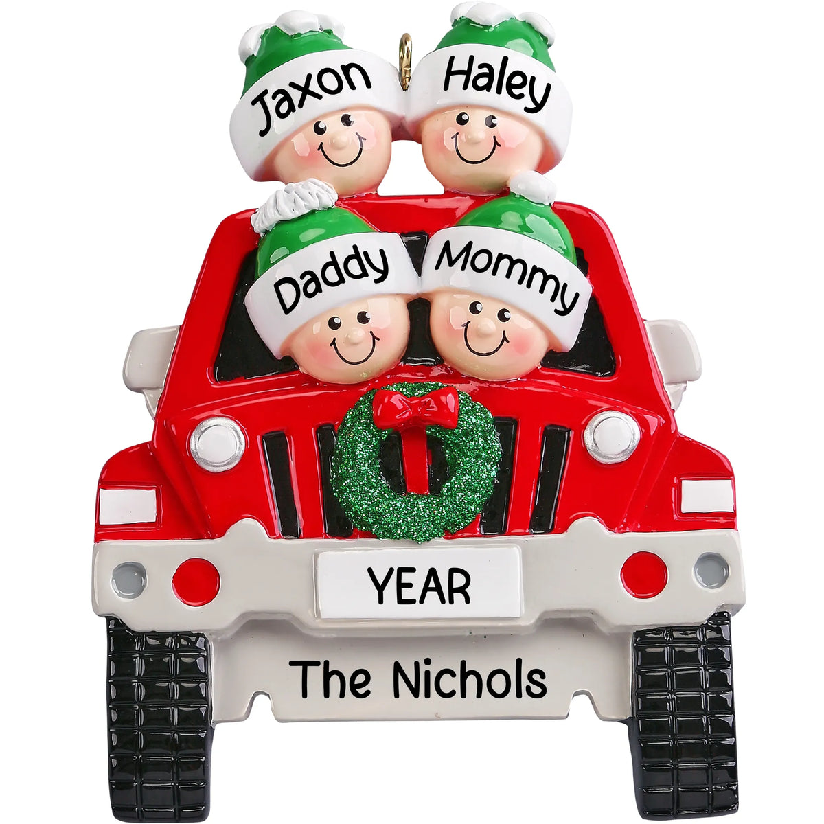 Personalized SUV family of 4 Christmas ornament, a red SUV with four names, the year and family name