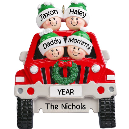 Personalized SUV family of 4 Christmas ornament, a red SUV with four names, the year and family name