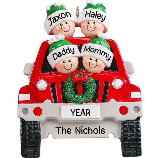 Personalized SUV family of 4 Christmas ornament, a red SUV with four names, the year and family name