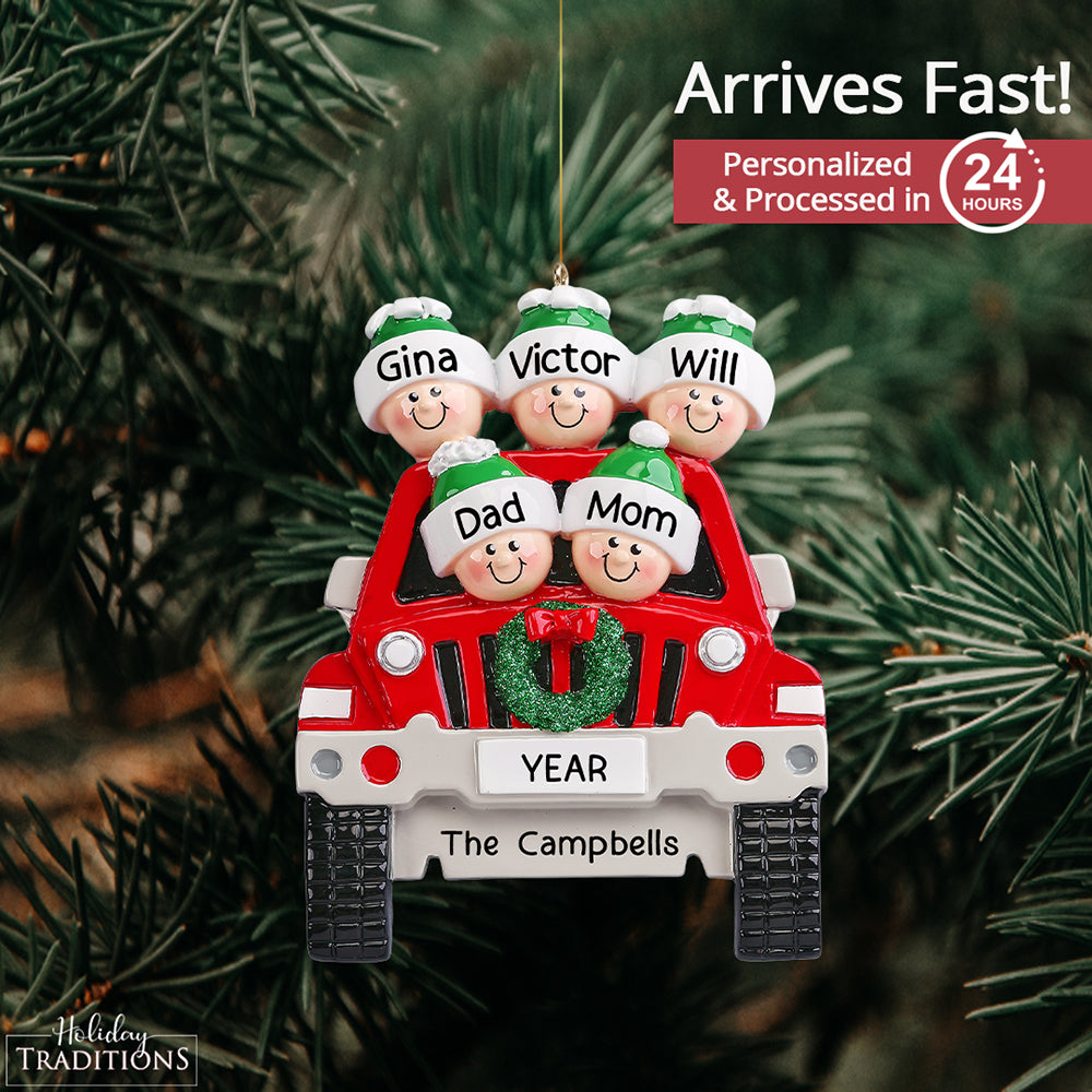 SUV Family of 5 Christmas Ornament