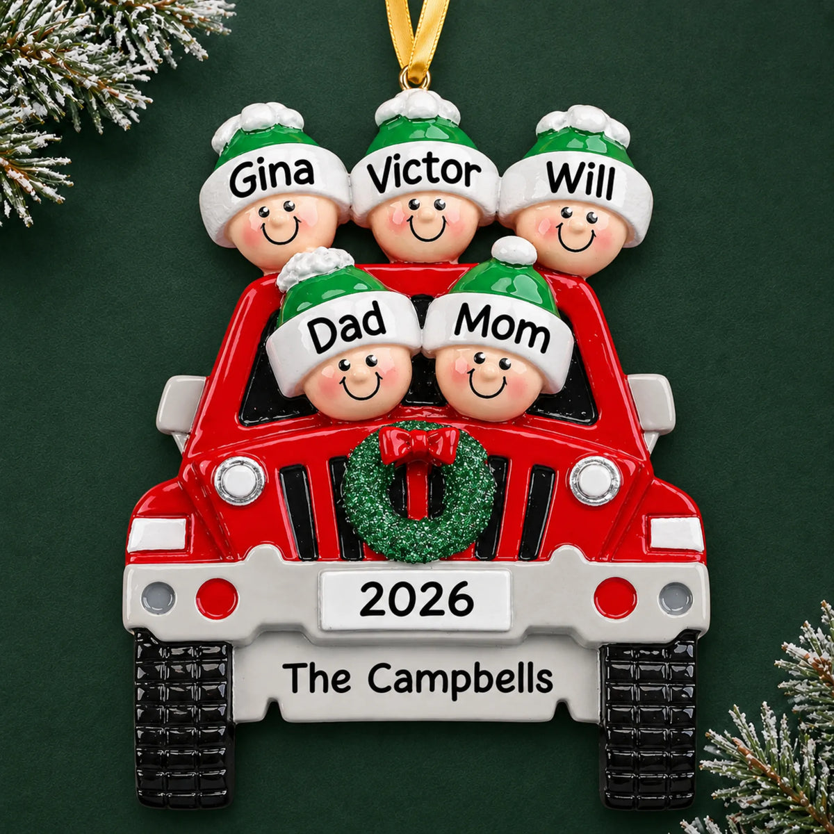 Personalized suv family of 5 christmas ornament on a dark green pine background