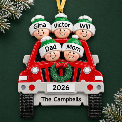 Personalized suv family of 5 christmas ornament on a dark green pine background