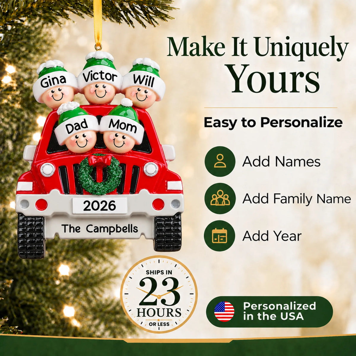 Make it yours: add names and year to the personalized suv family of 5 christmas ornament