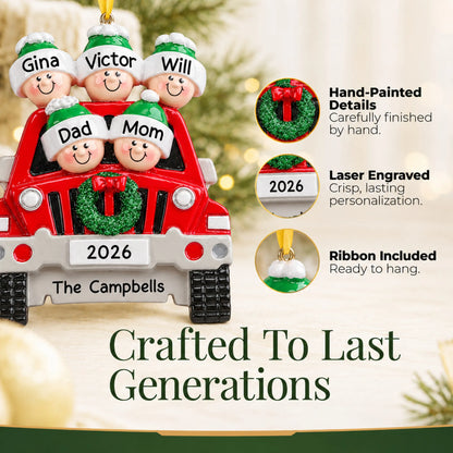 Hand-painted details and laser engraved personalization on the suv family of 5 christmas ornament, ribbon included