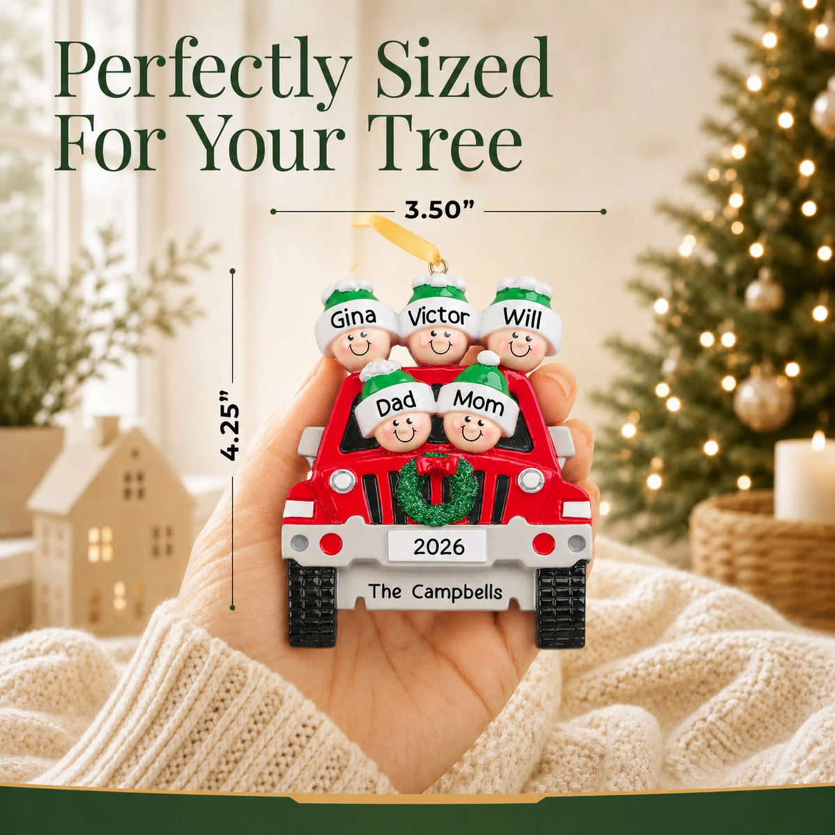 Size guide: the personalized suv family of 5 christmas ornament is 3.50 in wide by 4.25 in tall, shown in hand