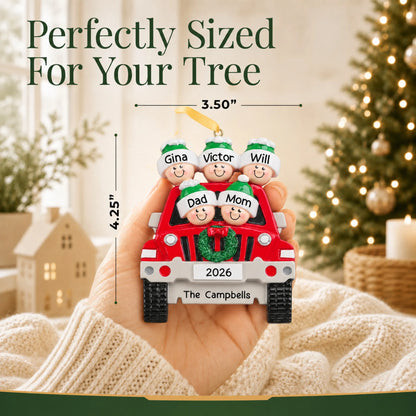 Size guide: the personalized suv family of 5 christmas ornament is 3.50 in wide by 4.25 in tall, shown in hand