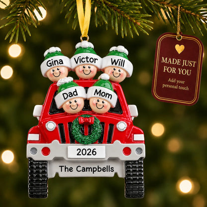 Suv family of 5 christmas ornament hanging on a lit Christmas tree with a Made Just For You gift tag