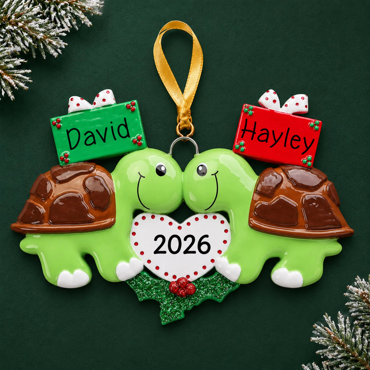 Personalized turtle love couple christmas ornament on a dark green pine background