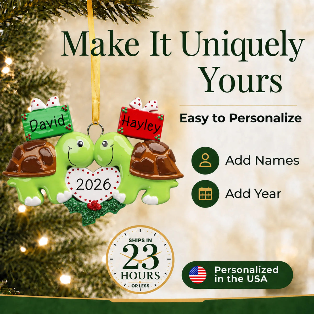 Make it yours: add names to the personalized turtle love couple christmas ornament