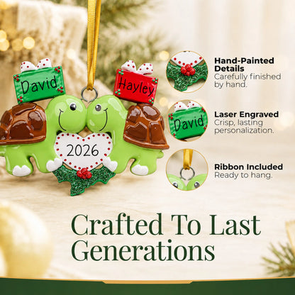 Hand-painted details and laser engraved personalization on the turtle love couple christmas ornament, ribbon included