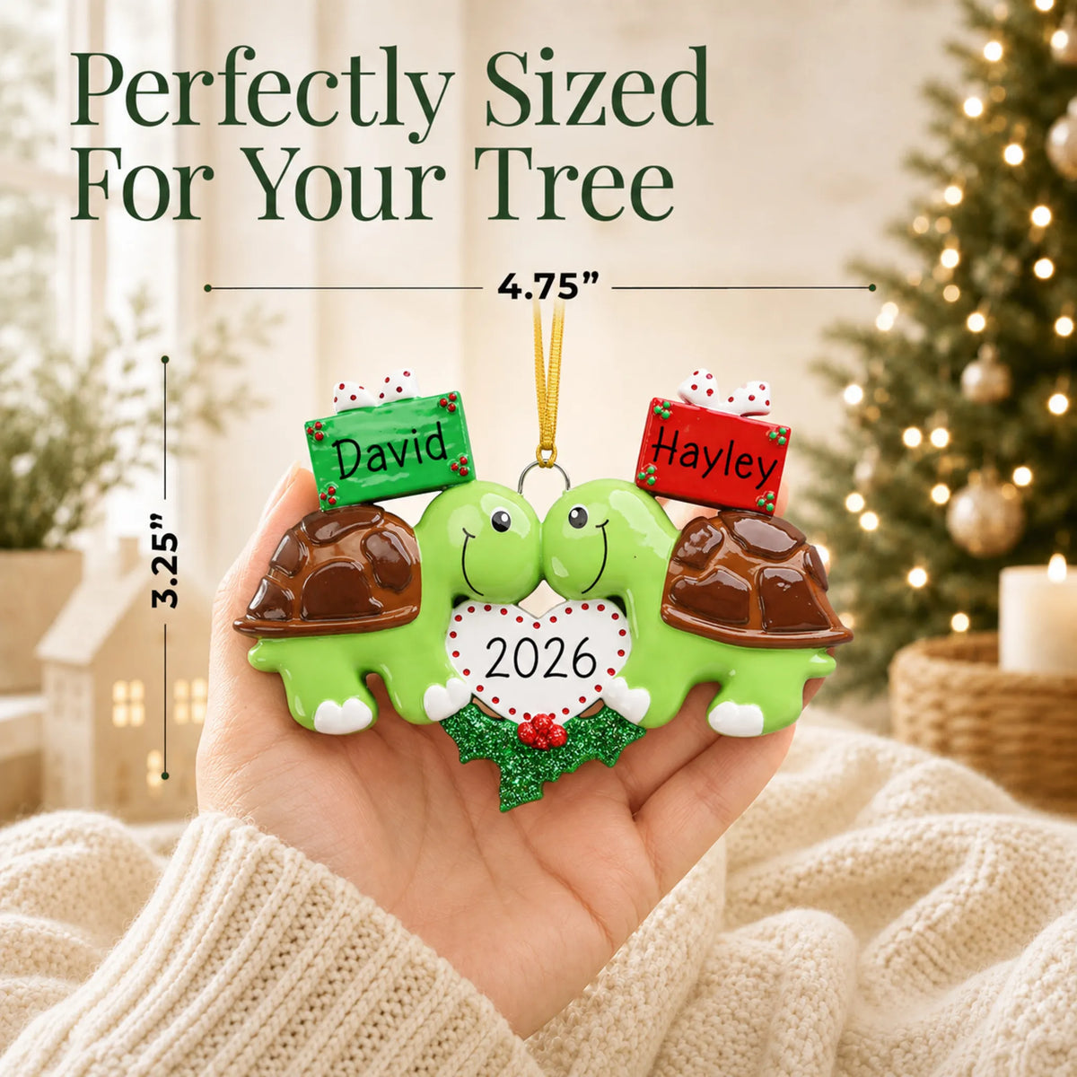 Size guide: the personalized turtle love couple christmas ornament is 4.75 in wide by 3.25 in tall, shown in hand