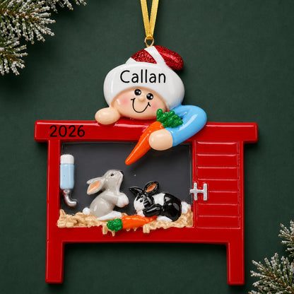 Personalized Pet Bunny Rabbits christmas ornament on a dark green pine background