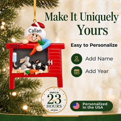 Make it yours: personalize the Pet Bunny Rabbits christmas ornament with a name and the year