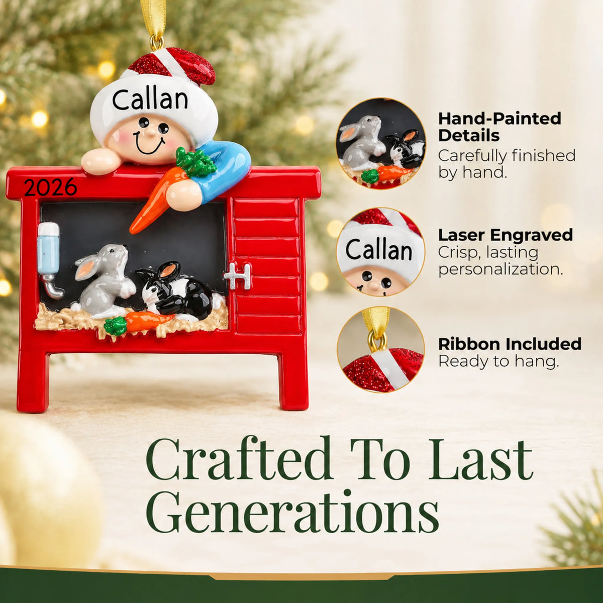 Hand-painted, laser engraved Pet Bunny Rabbits christmas ornament, ribbon included